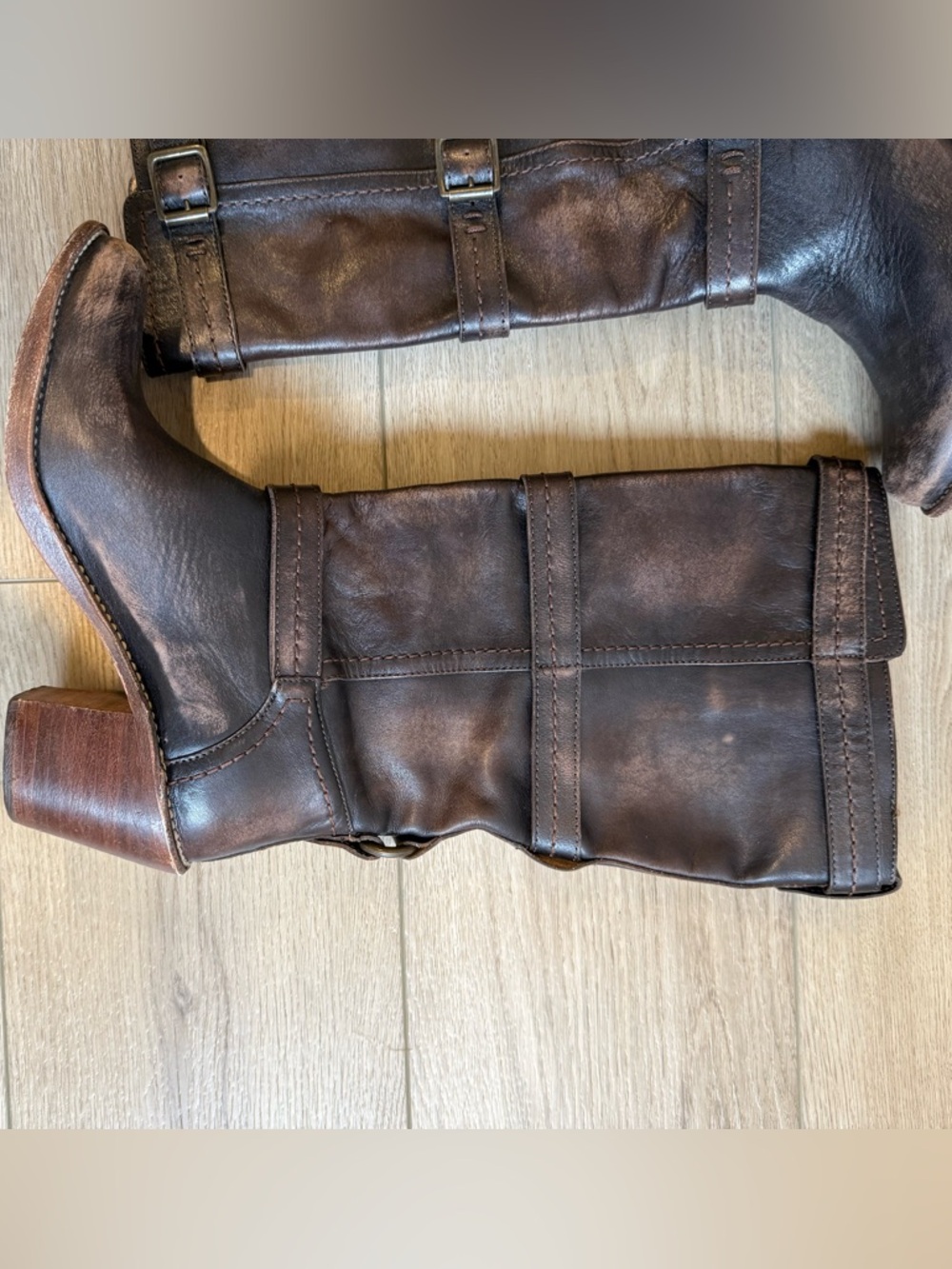 Frye Women's Dark Brown Distressed Leather Mid-Calf Carmen 3 Strap Boots - Picture 7 of 12
